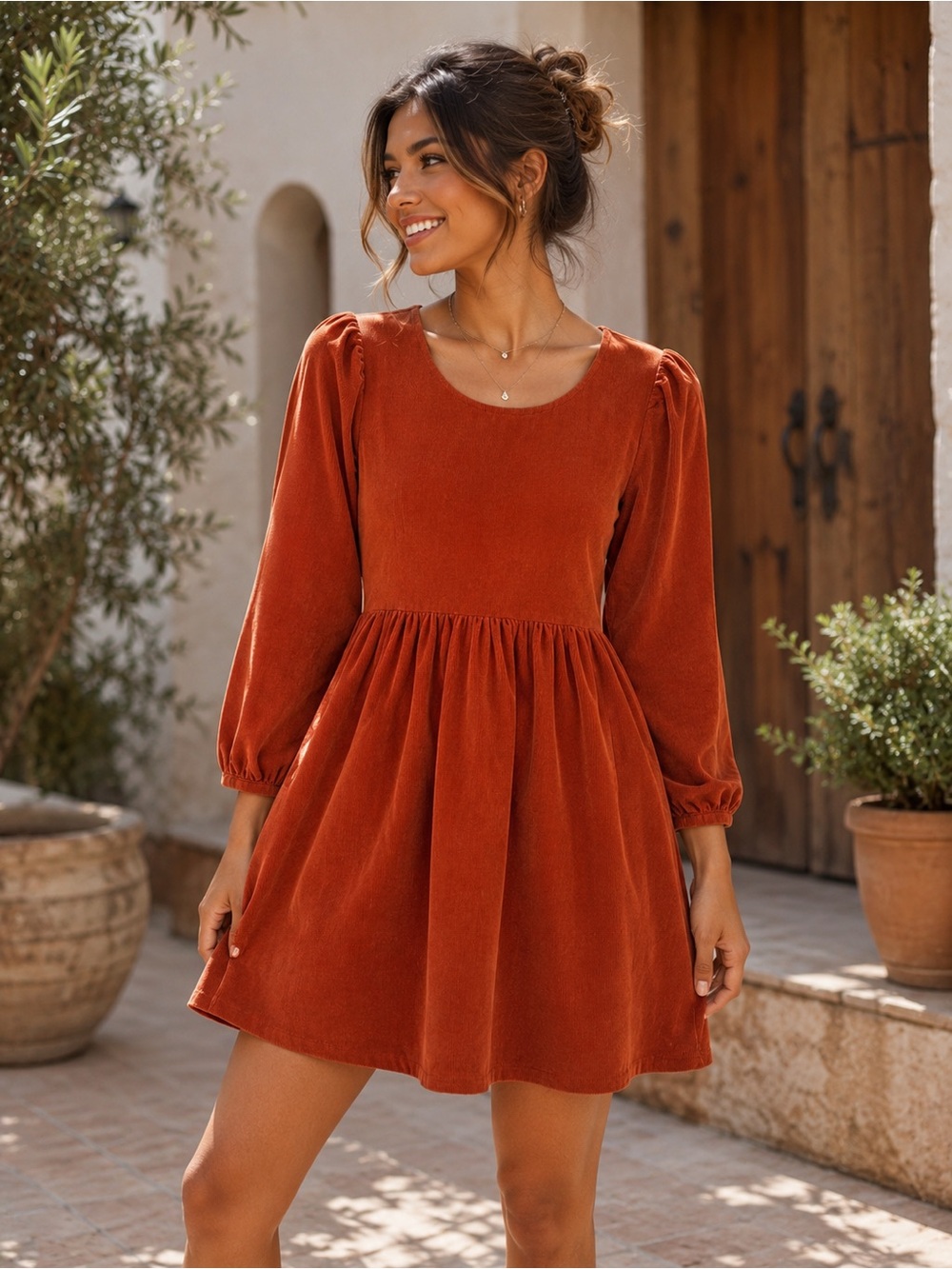 Madewell Rust Long-Sleeve Babydoll Dress